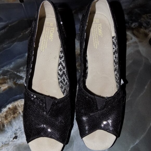 Toms Sequin Michelle Wedge Sandal Heels Black Heel Size 11 Women's - Picture 1 of 5